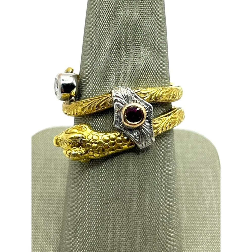 18K Etched Yellow Gold, Pink Stone & Diamond Snake Wrap Around Ring (15492)